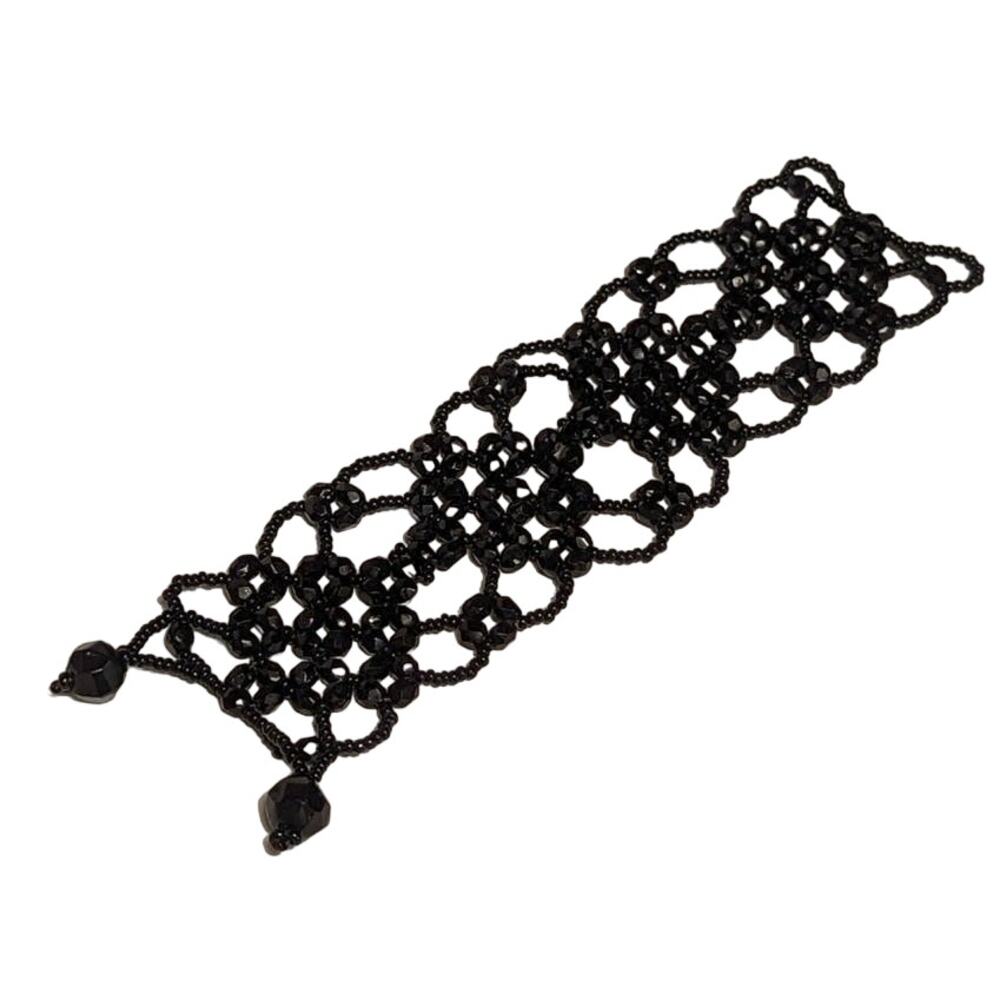 Vintage Glass Beaded Open Work Net Cuff Bracelet Black Button Closure 6"